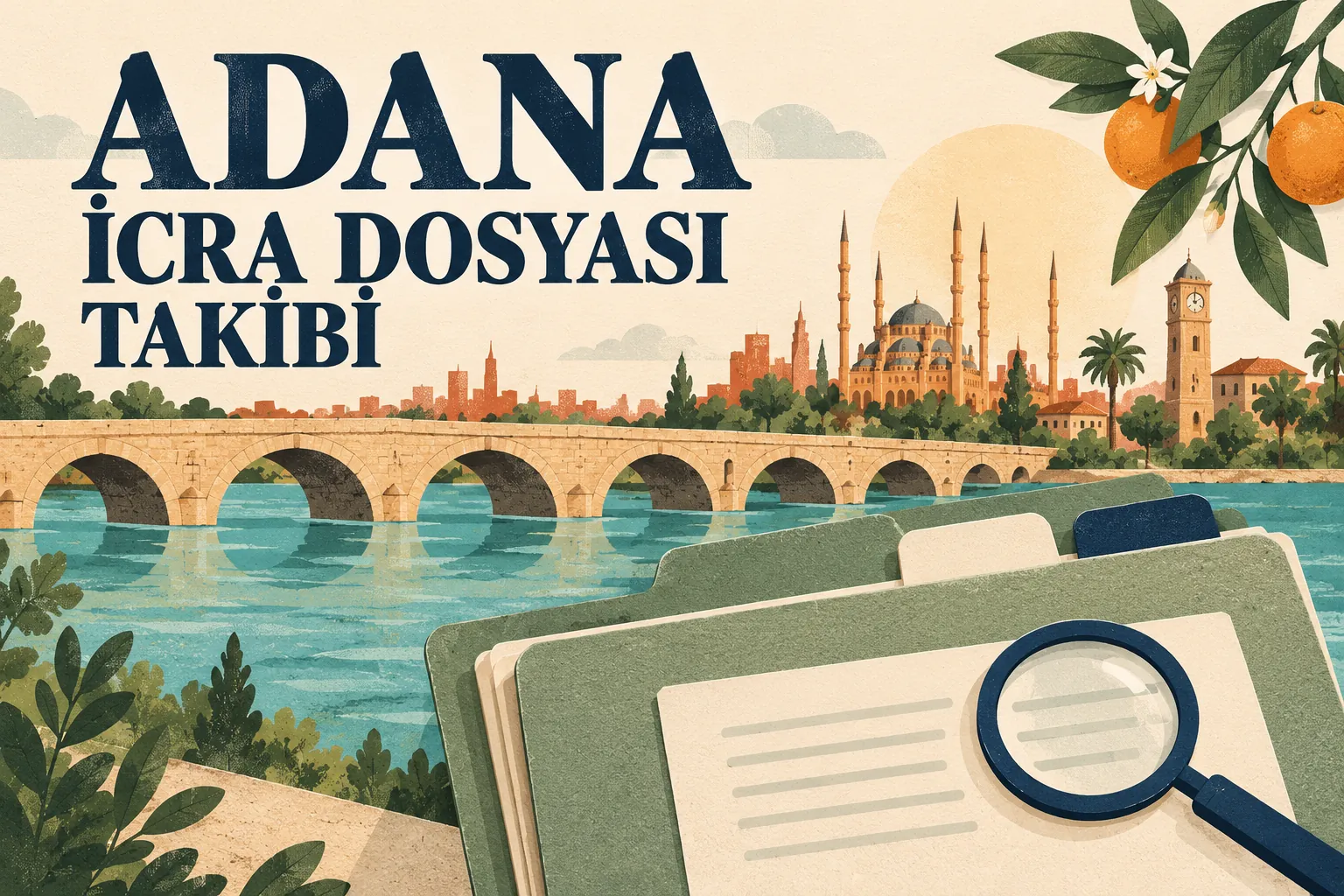 Adana silüeti, Taşköprü ve Seyhan önünde dosya klasörü ile büyüteç.