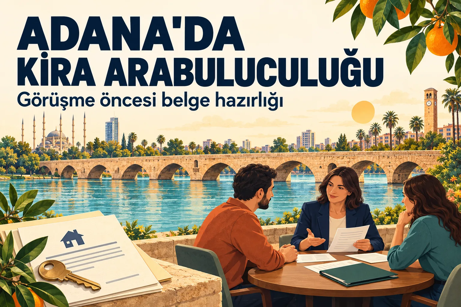 Adana Taşköprü ve Seyhan önünde kira arabuluculuğu görüşmesini gösteren temsili illüstrasyon.