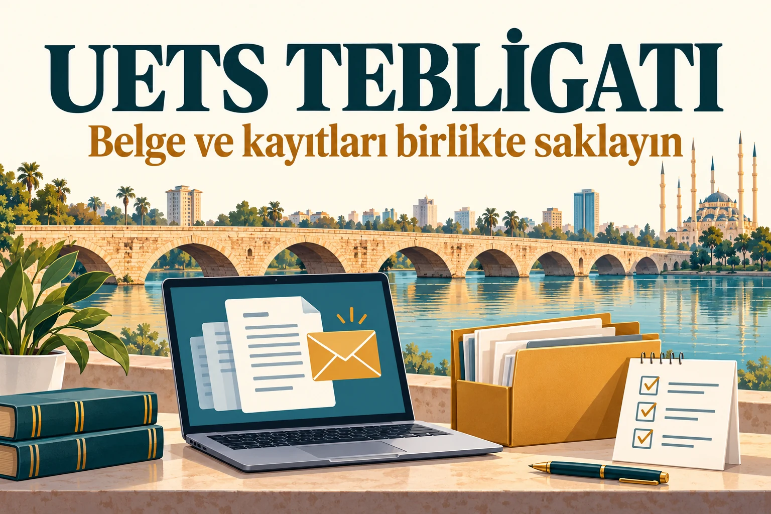 Adana Taşköprü ve Seyhan önünde elektronik tebligat ekranı, belge klasörü ve kontrol listesi.
